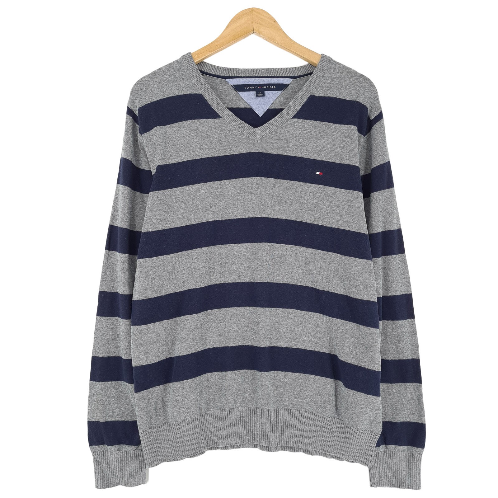 Tommy Hilfiger Mens Pullover Sweater Grey Cotton Striped Classic Sl0 Size L
