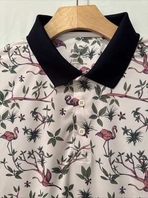 Puma Golf Polo Shirt Mens Large WHITE  PINK Flamingo/BRANCHES Tropical PIMA