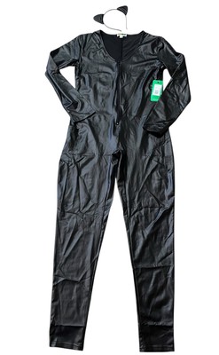 Tipsy Elves Ladies XL Black Cat One Piece Zip Up Bodysuit Suit With Cat Ears NWT