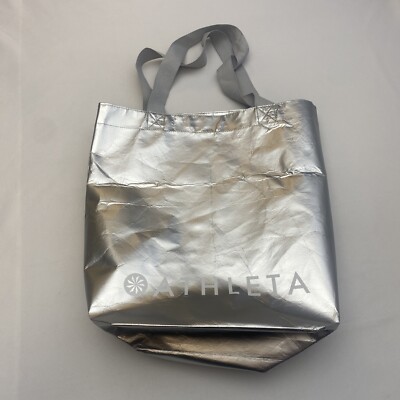 ATHLETA  Metallic Silver Tote Reusable Clothes Shopping Bag With Handles 18x12x8