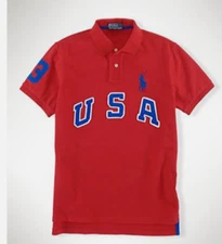 Polo Ralph Lauren Mens Slim Custom Fit Big Pony Knit USA Flag Short Sleeve Shirt