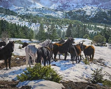 Winter Horses Snow Mountains Forest Trees Greece Landscape Original Oil Painting