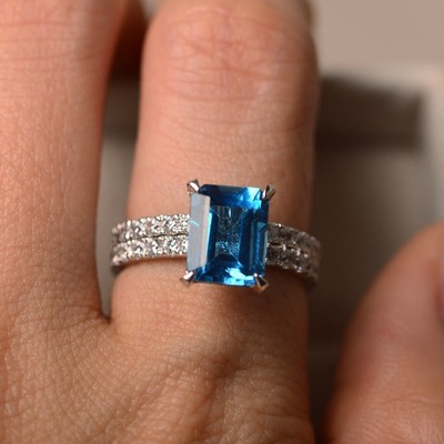 Natural Blue Topaz Women Stack Ring Emerald Cut Gemstone Sterling Silver Ring