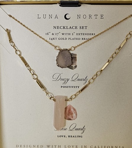 2 PCS LUNA NORTE NECKLACES ROSE QUARTZ & DRUSY QUARTZ PINK GOLD PLATED - Picture 3 of 3