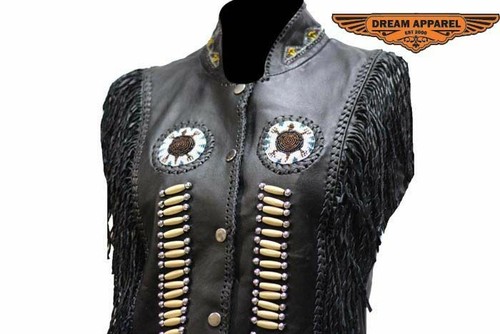 Damen Western-Stil Leder Kragen Weste Knochen, Perlen & Fransen, schwarz-Country - Bild 2 von 6