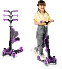 New Kids Scooter – Foldable Seat, LED Light-Up Wheels, Purple, 3-Wheel, 2025