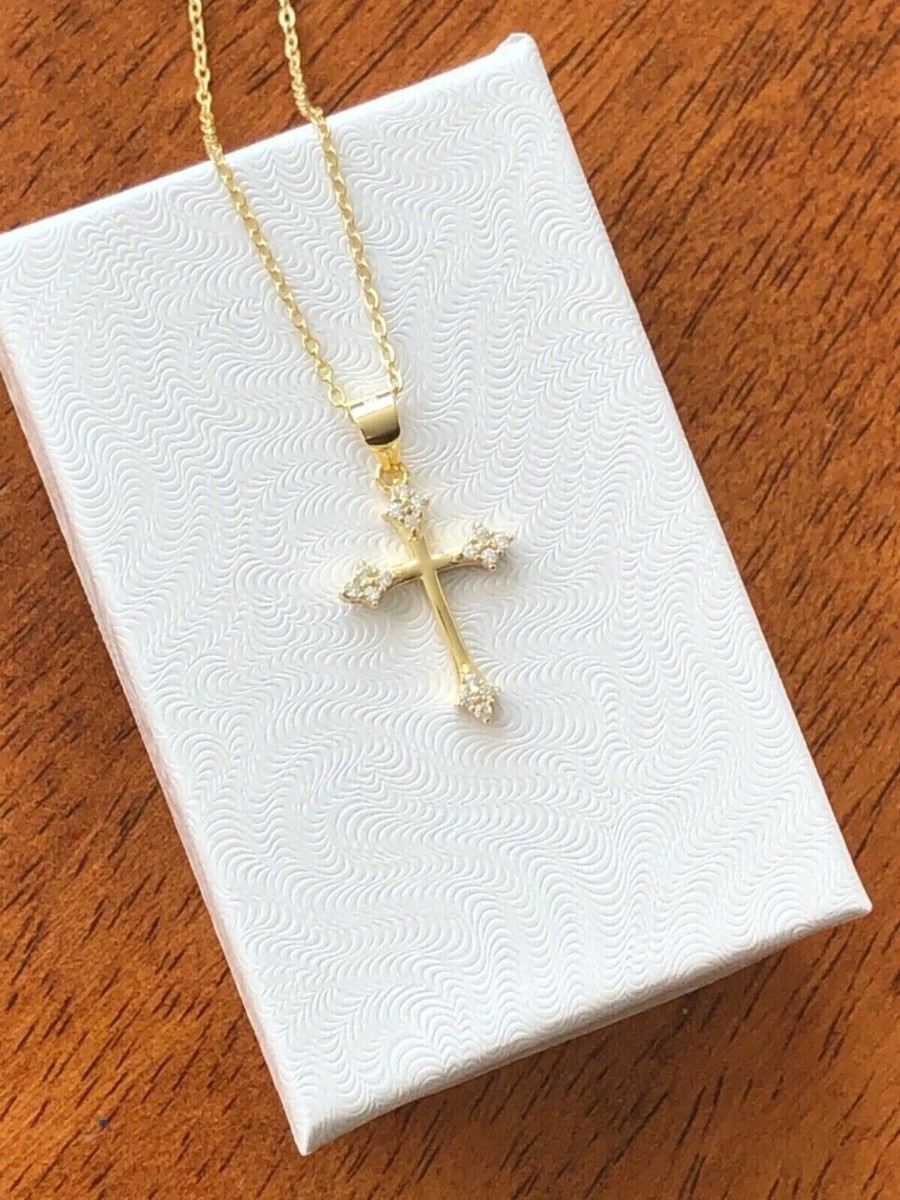 925 Sterling Silver Tiny Cz Cross Gold Pendant Necklace Womens