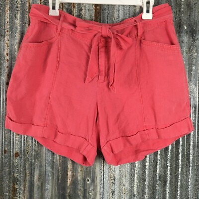 Linen Shorts Womens Medium Red Paperbag Waist Belted Cuffed Breezy Pockets 