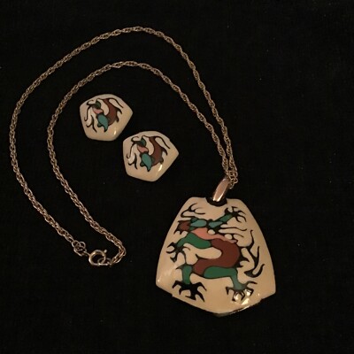 Vintage Eisenberg Cream Enamel Asian Statement Necklace Pendant Earrings Set