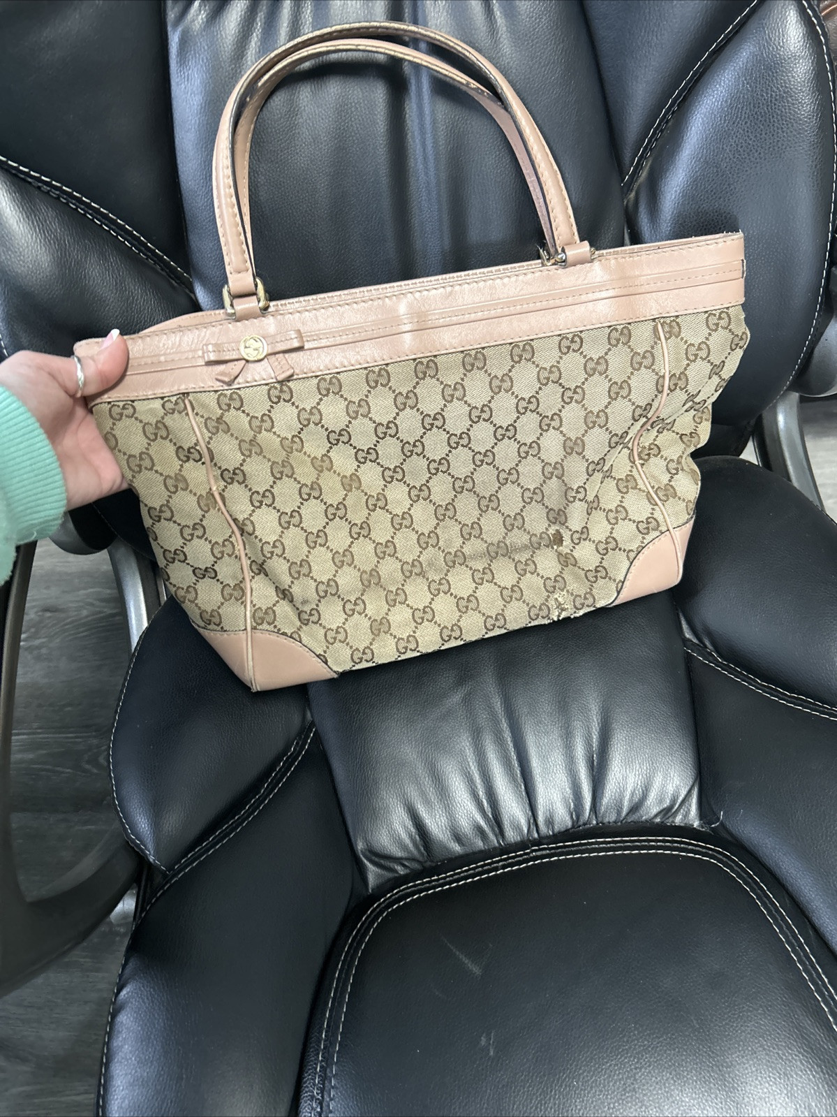 GUCCI Mayfair Canvas & Leather Tote Bag in Beige & Pink Pre-Owned