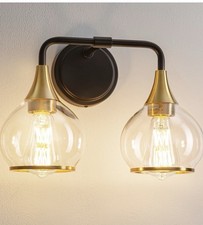 Modern 2 Light Bathroom Vanity Light Fixture Matte Black Brass Clear Glass NIB