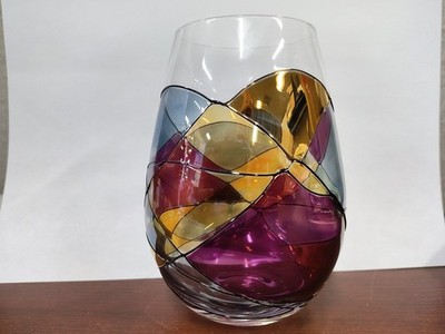 CORNET Barcelona SAGRADA Stemless HAND Painted WINE Crystal GLASS 1 Almost FULL!