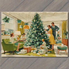 POSTCARD Mid Century Family Decorating Christmas Tree Retro Holiday Living Room