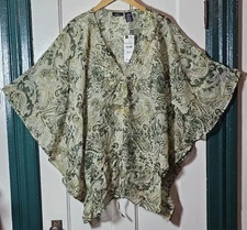 Mix-It Top Women's Olus 3X Green Sheer Paisley Beaded Flutter Sleeves Fairycore 