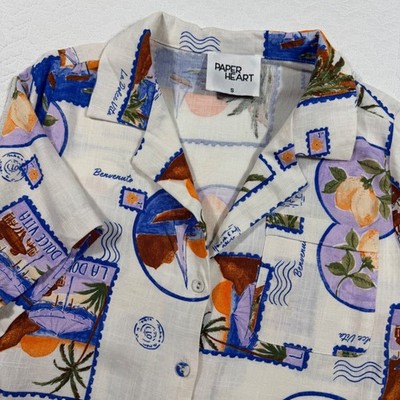 Anthropologie Paper Heart Shirt Womens S White Postcard AOP Linen Blend NWOT