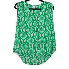 Cabi Scroll Top Sleeveless Blouse Green White Print Button Down Top Size L