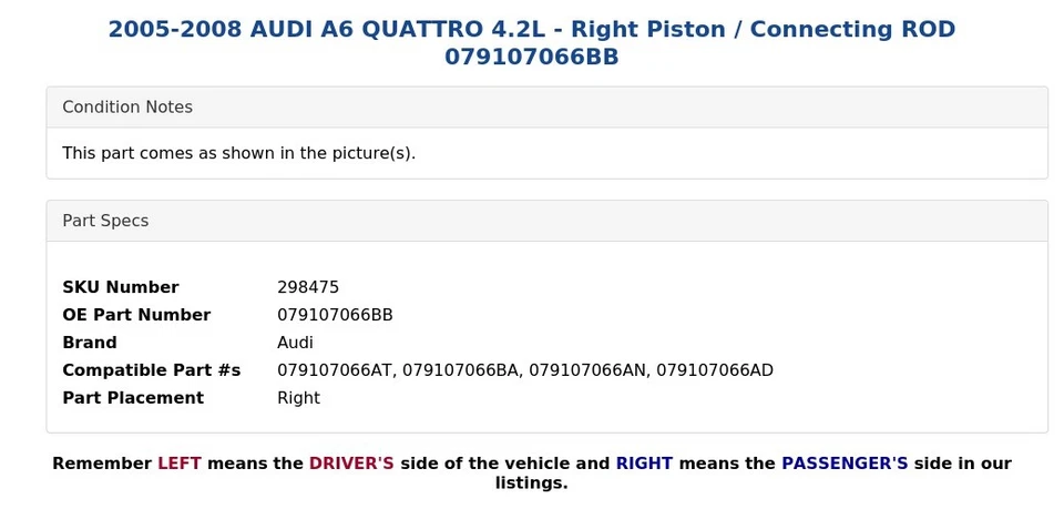 AUDI A6 QUATTRO 2005-2008 4,2 L - pistón derecho / varilla de conexión 079107066BB Foto 3 de 4