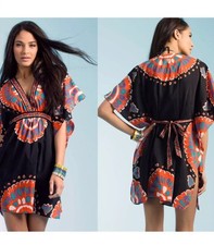 Trina Turk Yucateca Tunic Swim Cover Tunic Black Red Multi Short Caftan Size L