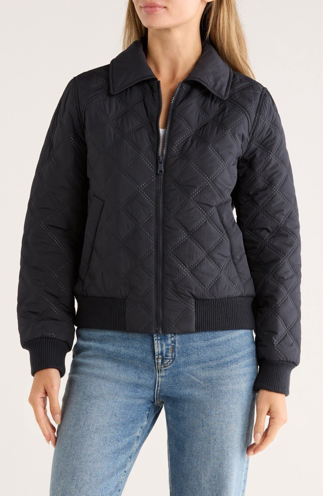 Bernardo Womens L Navy Quilted Puffer Bomber Jacket EcoPlume Lightweight NWOT