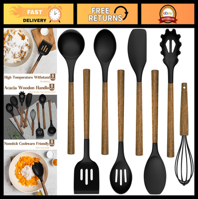 8-Piece Silicone Cooking Utensil Set with Acacia Wooden Handles - Nonstick Kitch