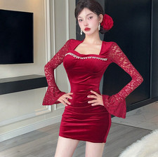 Womens Square Neck Lace Velvet Short Dress Slim Fit Long Ruffle Sleeve Sexy Size