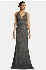 BETSY ADAM Blue/Gray Glitter Lace Sleeveless V Neck Formal Gown Dress Sz 4