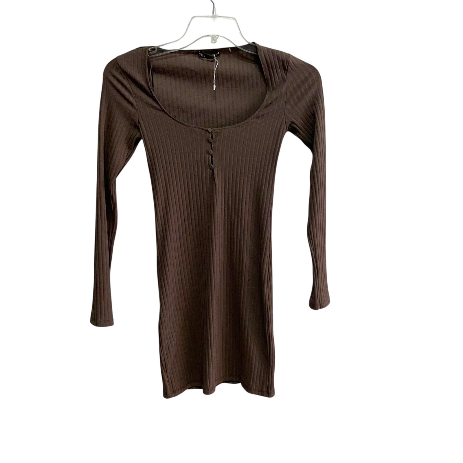 Zara Ribbed Long Sleeve Square Neck Mini Dress Brown Size S