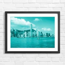 Hong Kong Skyline Harbor Cityscape Teal Framed Wall Art Print Large Picture Home