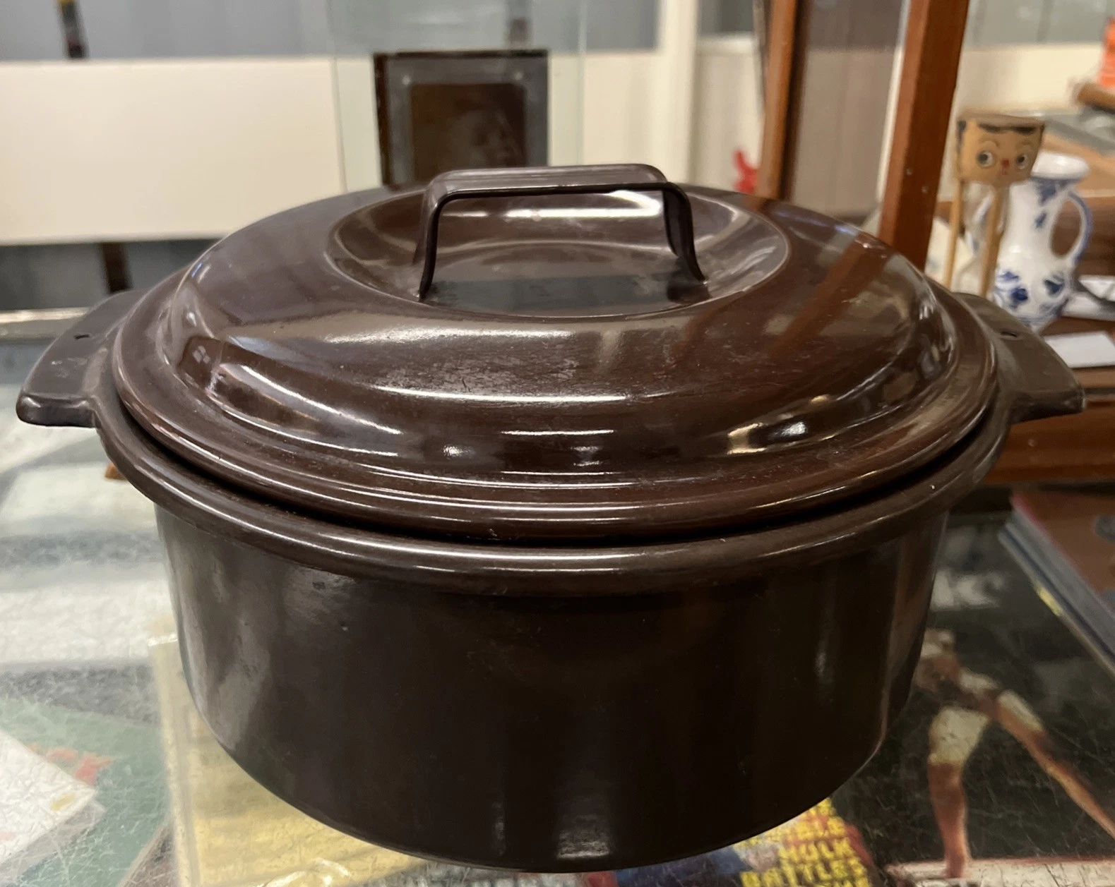 Vintage Brown Enamel Lidded Cooking Stock Pot