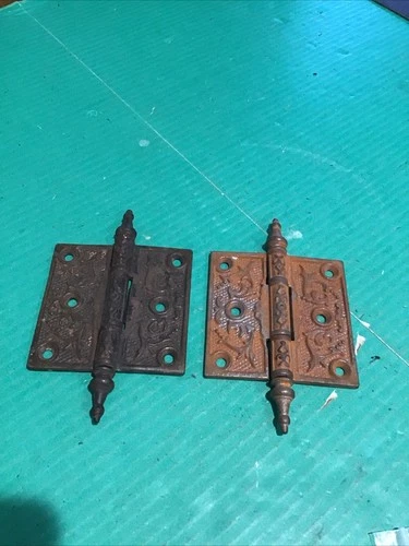 Lot of 2 Vintage Door Hinges 3.5" x 3.5" Antique Steeple Top Victorian Iron (B)