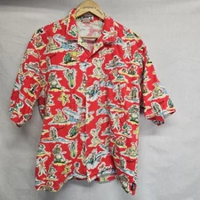 Heet Sportswear Mens Shirt Size L Red Hawaiian Print Funny Beach Cartoon Fun