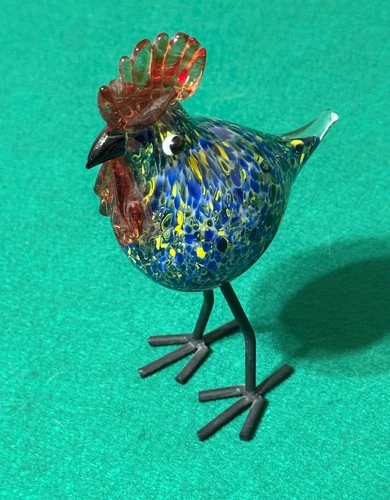 Art Glass Rooster Figurine Blue Spatter Confetti Metal Legs Murano Style Vintage