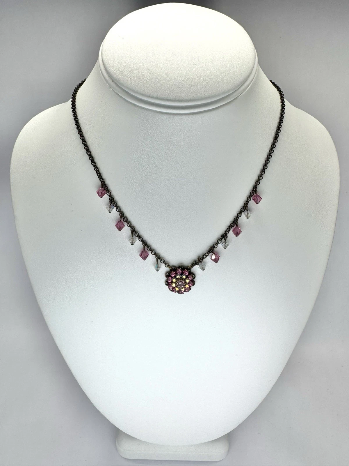 LIZ PALACIOS Brass Pink Swarovski Crystal Bead Floral Vintage Necklace N121