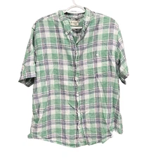 Weatherproof Vintage Plaid Button Up Short Sleeve Shirt Women Green White Size L