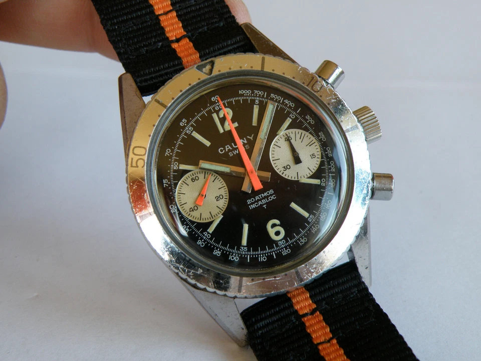 CAUNY-"20 ATMOS"-OVERSIZE (38 MM)-CASSA A VITE-SUB 200 M-VALJOUX 7733-FIRMATO - Immagine 4 di 4