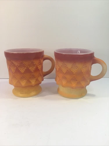 2X ANCHOR HOCKING FIRE KING COFFEE CUP MUG KIMBERLY PATTERN ORANGE/YELLOW COLOR