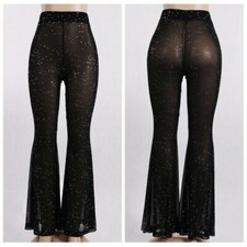 Donna Trasparente Lustrini a Zampa Pantaloni Brillantini Bell Fondo Danza Festa
