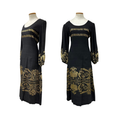 Vtg 60s Metallic Gold Eagle Grecian Souvenir Little Black Dress