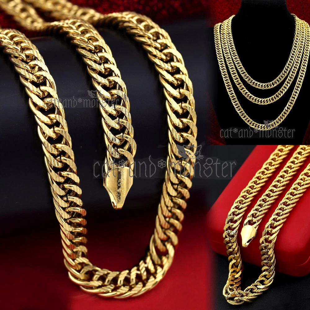 24K GOLD GF DIAMOND CUT 10MM RING CUBAN CURB CHAIN MENS SOLID NECKLACE  18-30INCH