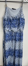 GNW Womens 12 Spaghetti Strap Blue White Printed Maxi Dress Elastic Waist