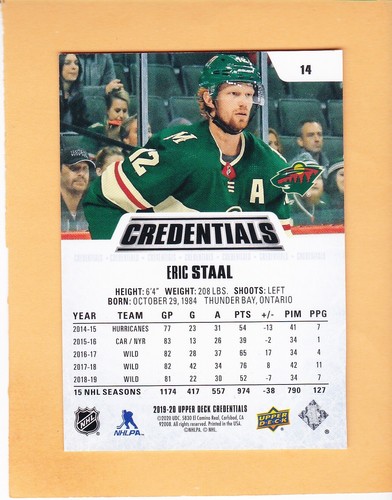 ERIC STAAL #14 2019-20 UPPER DECK CREDENTIALS RED SP 199 MINNESOTA WILD NM-MT - Picture 2 of 2