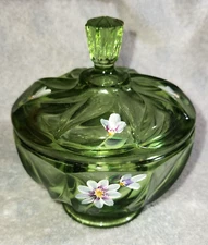 Fenton Trinket Candy Dish Fern Green Hand Painted Floral Covered 5" Dish