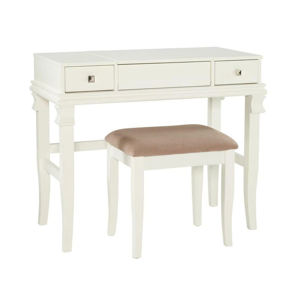 Juego de tocador Linon decoración del hogar blanco cajones de almacenamiento laterales asiento tapizado 2 piezas Foto 3 de 4