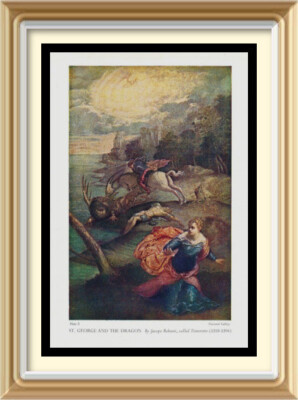 Original 90 Jahre alte Vintage Tintoretto Lithographie Kunstdruck ST GEORGE DRAGON Mythos