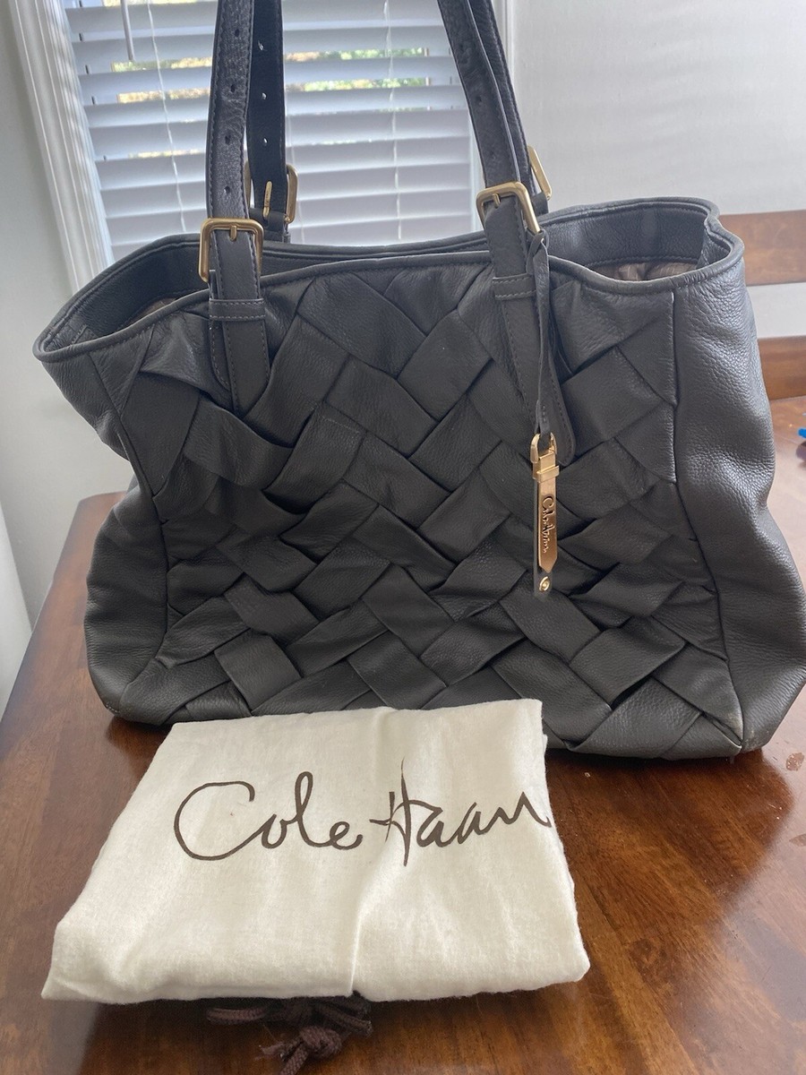 Cole Haan Prudence Soft Leather Woven Gray Purse Boho Tote Shoulder Bag  Handbag