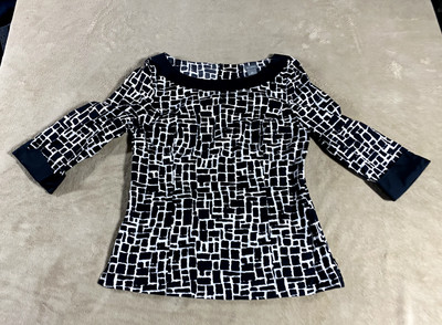 Ann Taylor  Blouse Womens 10  Pullover black White  3/4 sleeve Office Career