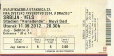 SERBIA v WALES  11/09/2012      MATCH TICKET