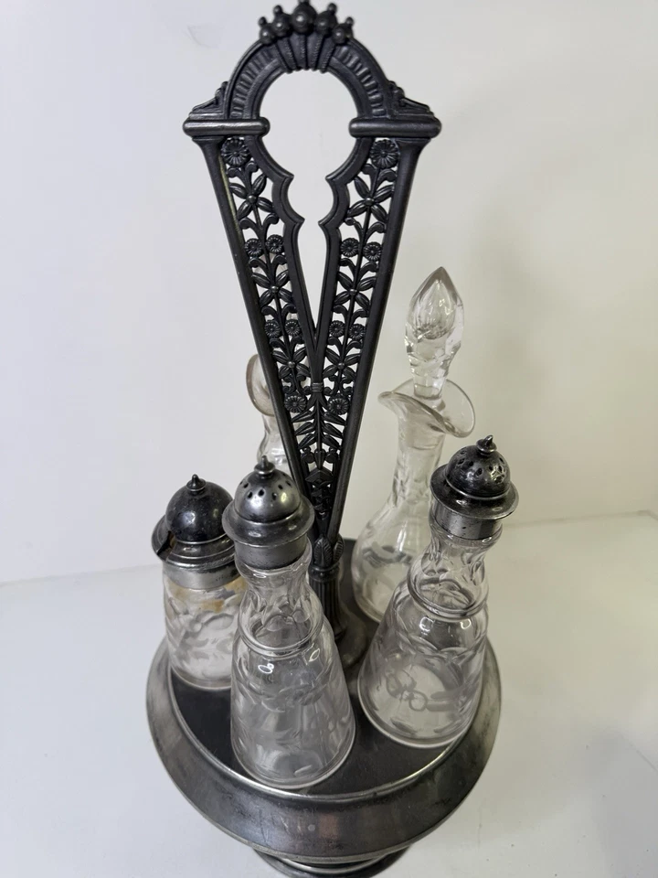 Antique Art Nouveau Silver Plate Condiment Carousel Caddy Crystal Bottles LOVELY - image 2 of 4