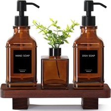 Modern Kitchen Soap Dispenser Set with Wood Tray, Amber Glass Soap Dispensers