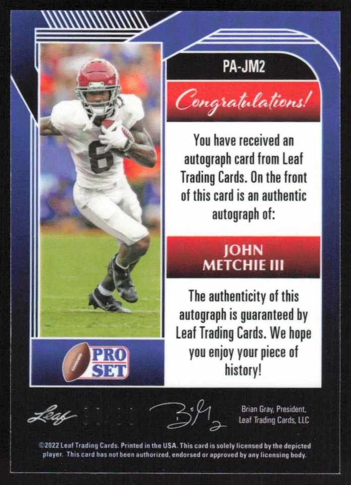 2022 Pro Set Metal Wave Blue Auto John Metchie III /30 Alabama Crimson Tide - Image 2 of 2